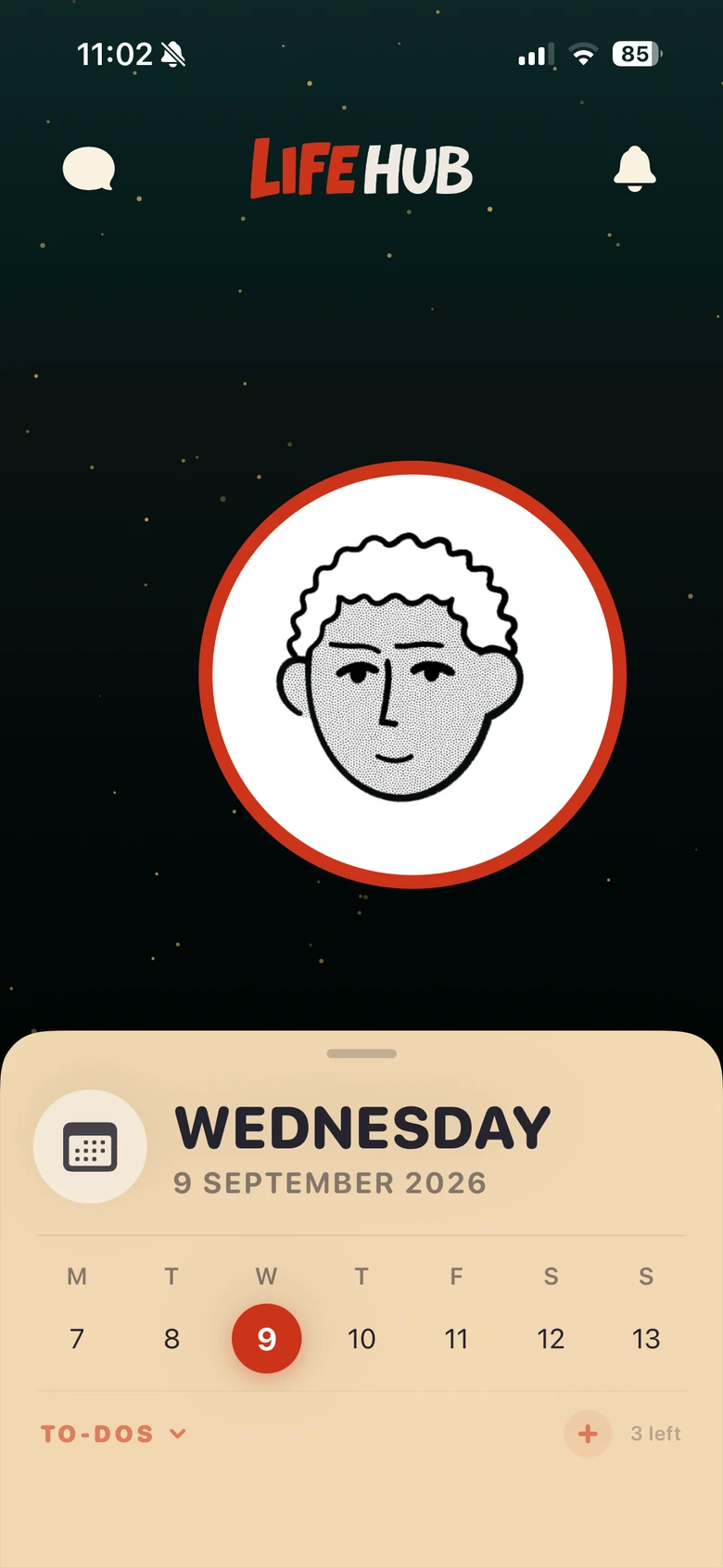 LifeHub’s daily view with a Moji companion, calendar, and to-do drawer